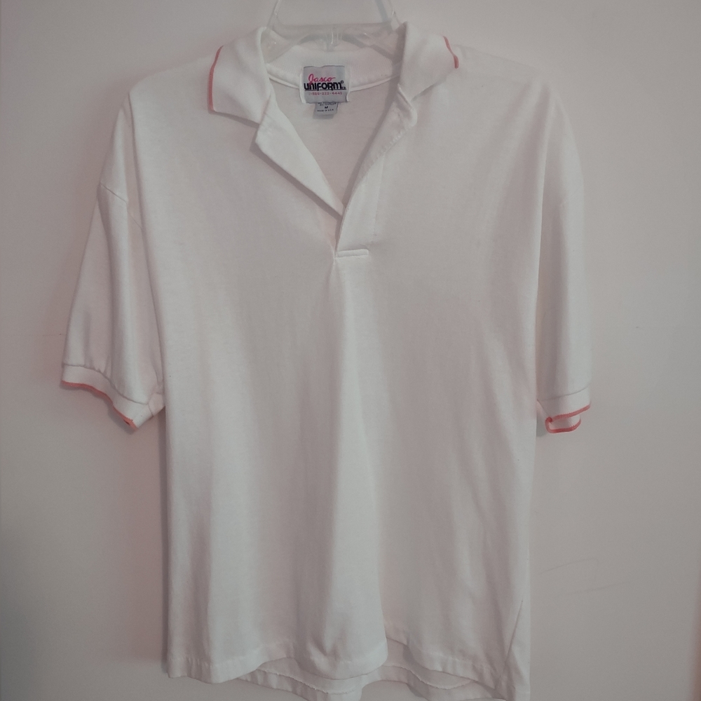 🌷‼️5/$20 Jasco Uniform Men's White Polo Shirt And Pink Detail Sleeve Sz Medium
